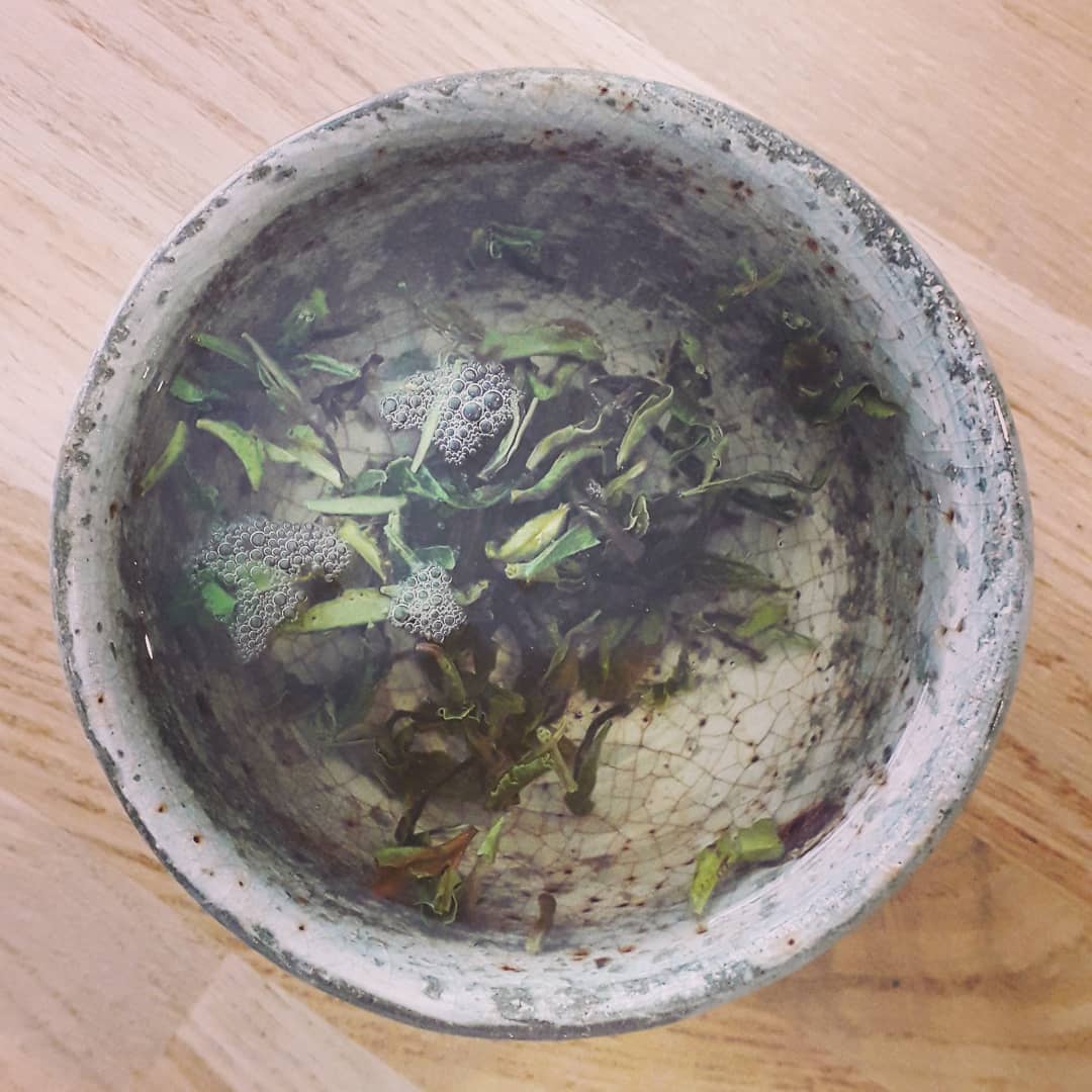 Tea leaves in a bowl of tea.